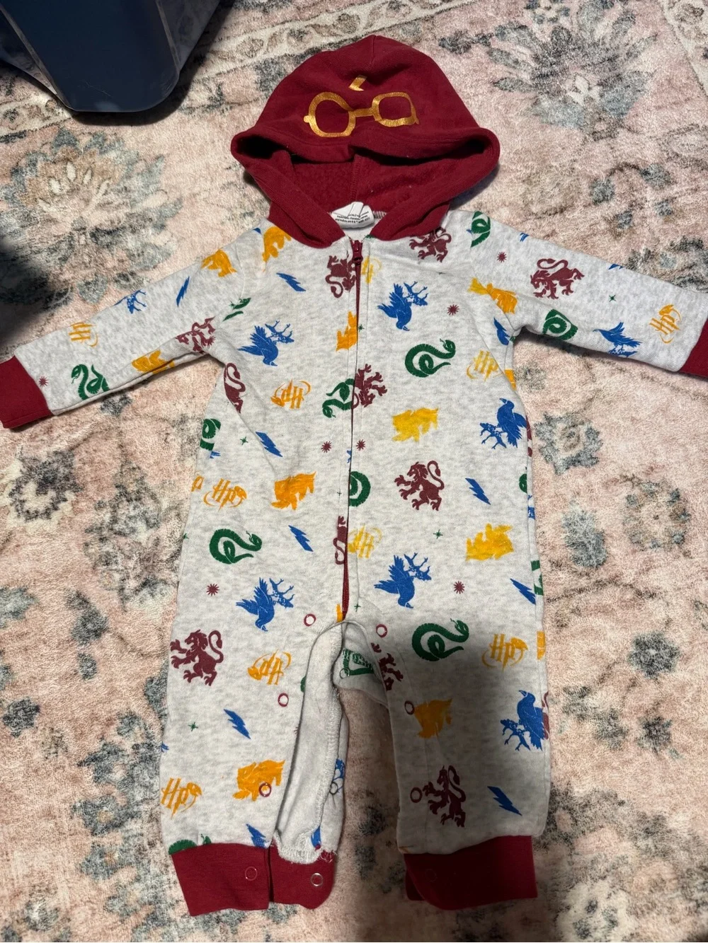 Kids Hooded One-Piece with Multicolor Magical Crest Print - Burgundy Hood